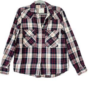 Zara Flannel Plaid Snap Closure Long Sleeve Red White Blue Shirt Sz Large
